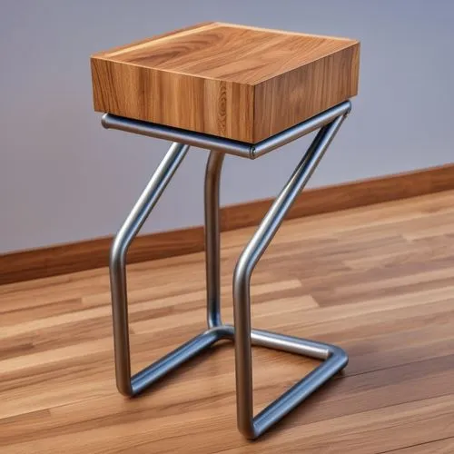 A bar chair, top is made of wood and the bottom is metal pipe,folding table,bar stool,stool,barstools,step stool,bar stools,end table,small table,wooden desk,table and chair,wooden table,tablet comput