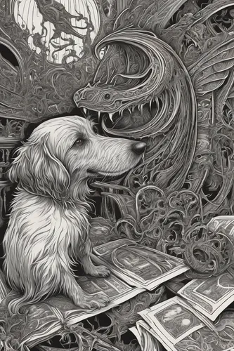 dog illustration,book illustration,dog drawing,sci fiction illustration,companion dog,otterhound,dog line art,detail shot,smaland hound,spaniel,whimsical animals,hand-drawn illustration,pet portrait,anthropomorphized animals,schnoodle,old dog,hound,dog cartoon,line art animals,dachshund,Illustration,Black and White,Black and White 01