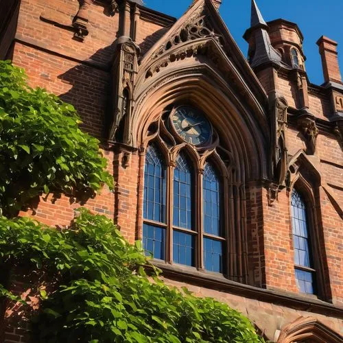 Historic Ipswich town hall, grandiose Victorian-era architecture, ornate stone carvings, stained glass windows, Gothic Revival style, intricate brick patterns, pointed arches, ribbed vaults, flying bu