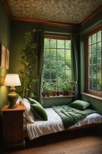 sleeping room,bedroom,bedroom window,guest room,bedchamber,guestroom,inglenook,danish room,bay window,green wallpaper,bedrooms,victorian room,green living,chambre,children's bedroom,great room,wooden windows,japanese-style room,leaded glass window,bedroomed,Illustration,Abstract Fantasy,Abstract Fantasy 15