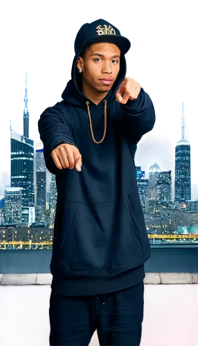 Young male rapper, urban outfit, gold chain, black hoodie, sneakers, microphone, confident posture, one hand holding mic, other hand gesturing, downtown cityscape background, night scene, neon lights,