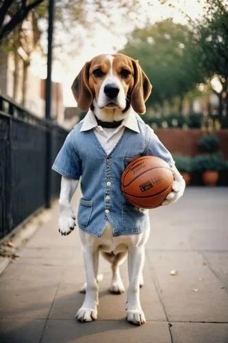 Anthropomorphic beagle, male, standing, 30yo, brown eyes, black nose, floppy ears, smiling face, white shirt, blue jeans, sneakers, holding a basketball, urban street, sunny day, trees lining the side