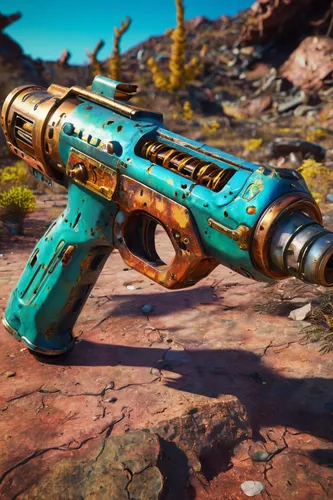 mountain vesper,patina,turquoise,gold paint stroke,metal rust,sledgehammer,genuine turquoise,color turquoise,carbine,alien weapon,assault rifle,vintage pistol,rivet gun,thermal lance,fresh fallout,teal and orange,turquoise leather,teal,color is changable in ps,ranged weapon,Conceptual Art,Oil color,Oil Color 23