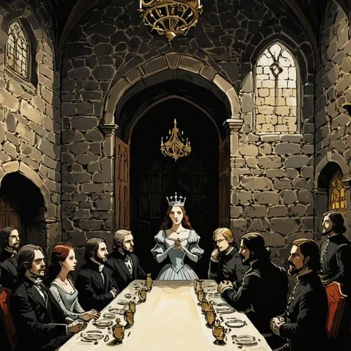 strahd,eucharist,communion,vestal,holy supper,holy communion,ravenloft,herodias,knightley,margaery,dinner party,dining room,noblewoman,the coronation,honorary court,waterdeep,dignitaries,long table,thingol,vetinari,Illustration,Black and White,Black and White 02