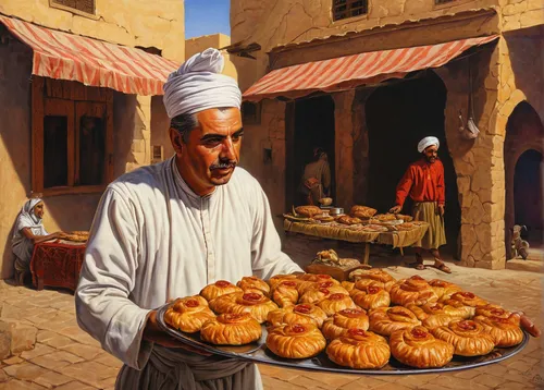 sufganiyah,canarian wrinkly potatoes,sfogliatelle,souk,sicilian cuisine,zeppole,bakery,jordanian,merzouga,kourabiedes,koulourakia,mediterranean cuisine,börek,kolach,turkish cuisine,kabsa,morocco,woman holding pie,adana kebabı,nizwa souq,Illustration,Realistic Fantasy,Realistic Fantasy 22