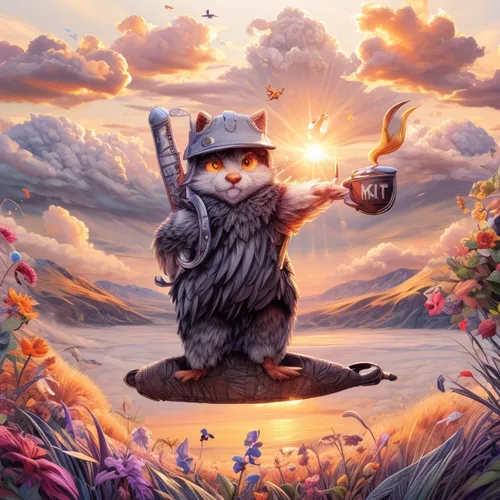 cat warrior,tea party cat,art bard,conductor,banjo player,cat sparrow,oktoberfest cats,musical rodent,fantasy picture,banjo,whimsical animals,bard,cat,cartoon cat,flower cat,banjo uke,ukulele,fantasy art,cg artwork,children's background