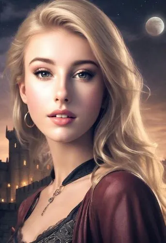 Beautiful blonde lady, dressed like Buffy the Vampire Slayer.. Night. Moonlit castle in the background. Photorealistic. Cinematic..,a beautiful woman with blonde hair wearing a red jacket and dress,mo