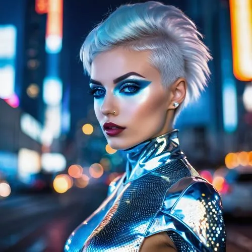 neon makeup,neon body painting,birds of prey-night,femme fatale,silver,fierce,neon lights,futuristic,cyberpunk,marylyn monroe - female,neon light,makeup artist,silvery blue,wallis day,glamor,elsa,fantasy woman,silver fox,pompadour,retro woman,Illustration,Realistic Fantasy,Realistic Fantasy 14