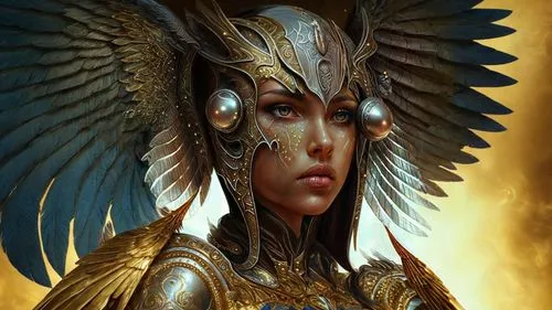 fantasy art,fantasy portrait,female warrior,archangel,warrior woman,cleopatra,headdress,garuda,priestess,golden crown,fantasy woman,alien warrior,sorceress,athena,fantasy warrior,artemisia,fire angel,golden mask,feather headdress,the archangel