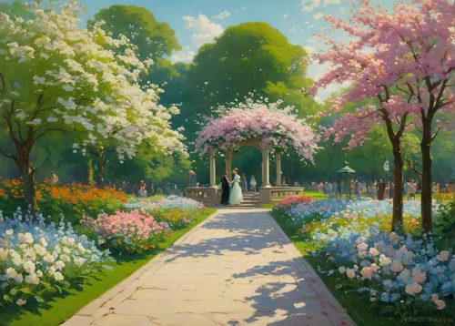 magnolia trees,sakura trees,spring garden,springtime background,spring background,magnolia,magnolias,flower garden,spring morning,walk in a park,tulip festival,blooming field,in the spring,field of flowers,spring blossoms,english garden,sea of flowers,arboretum,sakura tree,pathway,Art,Classical Oil Painting,Classical Oil Painting 15