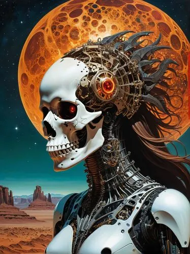 A digital artwork depicting a futuristic, dystopian scene with a central focus on a mechanical skull-like structure, known as a cyborg entity, floating in the upper half of the composition. This intri