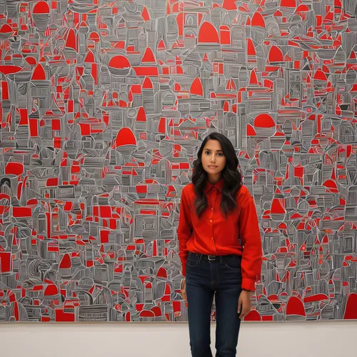 Imagine Ivana Rodriguez embarking on a thrilling adventure to uncover a hidden treasure.,red wall,on a red background,red background,popart,red,red paint,color wall,kamini kusum,art gallery,coral red,