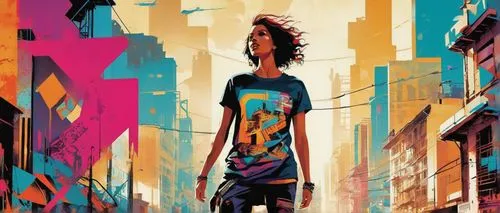 pedestrian,a pedestrian,girl in t-shirt,colorful city,girl walking away,city ​​portrait,transistor,woman walking,pedestrians,vector girl,urban,city trans,wpap,travel poster,hong kong,city youth,havana,barcelona,world digital painting,digital illustration,Illustration,Paper based,Paper Based 12