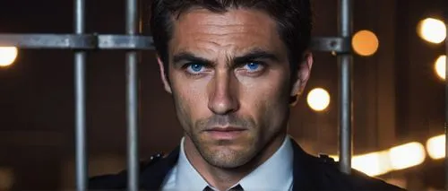 Mugshot, serious facial expression, male, 35yo, sharp jawline, messy brown hair, thick eyebrows, blue eyes, slight stubble, white shirt, black suit, handcuffs, police station background, bright flash 