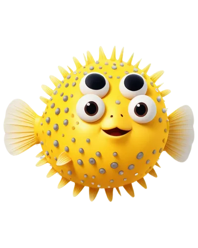 puffer fish logo, cartoon style, round body, big eyes, smiling face, yellow and white stripes, fins up, transparent background, 2D illustration, bold lines, vibrant colors, centered composition, soft 