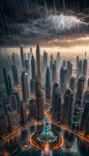 rainstorm,thunderstorm,futuristic landscape,world digital painting,destroyed city,khobar,apocalyptic,monsoon,meteorology,sci fiction illustration,city cities,heavy rain,storm,city scape,photo manipulation,the storm of the invasion,armageddon,storm ray,doha,urbanization