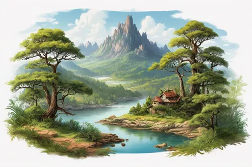 an island far away landscape,fantasy landscape,landscape background,mountain landscape,mountain scene,mountainous landscape,mountain settlement,mushroom landscape,forest landscape,mountain world,mushroom island,mount scenery,island of fyn,fairy chimney,high landscape,small landscape,home landscape,mountain plateau,forest background,floating island,Illustration,Retro,Retro 24