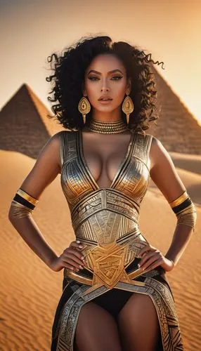 Desert queen, Beyoncé inspired, confident posture, bold eyes, thick eyelashes, golden brown skin, curly black hair, glamorous makeup, shiny lip gloss, revealing chest, toned waist, long legs, high hee