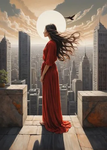 fantasy picture,world digital painting,sci fiction illustration,man in red dress,red cape,girl in a long dress,Illustration,Realistic Fantasy,Realistic Fantasy 07