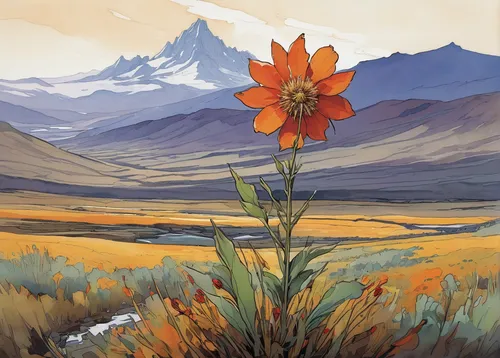 In a desolate landscape, a lone tűzgyöngy flower emerges, symbolizing resilience and rebirth.,desert flower,flowerful desert,prairie,flower painting,orange marigold,flower in sunset,wildflowers,orange