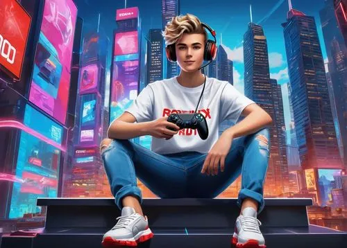 Cartoon-style, colorful background, vibrant neon lights, futuristic cityscape, sleek skyscrapers, bustling streets, trendy teenager, both hands holding gaming controller, stylish messy hair, bright bl