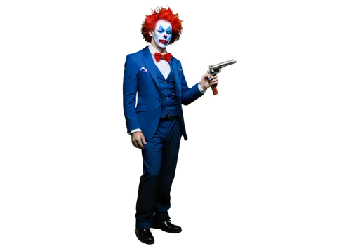 Clown, male, holding a revolver, colorful wig, red nose, white face paint, blue eyes, red lips, oversized shoes, baggy pants, ruffled collar, sinister grin, dramatic lighting, low angle shot, cinemati