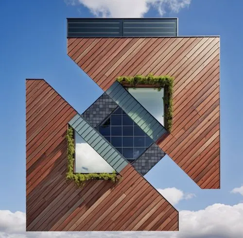 3D VIEW OF THIS SHAPE,an unusual window box building with a wood slat wall,letter k,kx,tangram,xlri,xfx,xstrata,Photography,General,Realistic