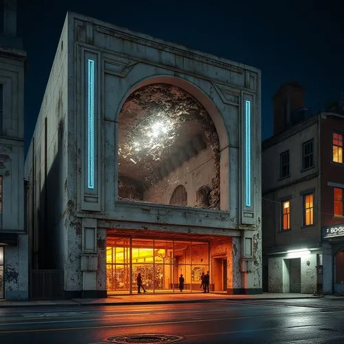 Deconstructed theater facade, fragmented walls, irregular shapes, abstract patterns, bold color contrasts, exposed metal beams, raw concrete textures, dynamic LED light installations, futuristic aesth