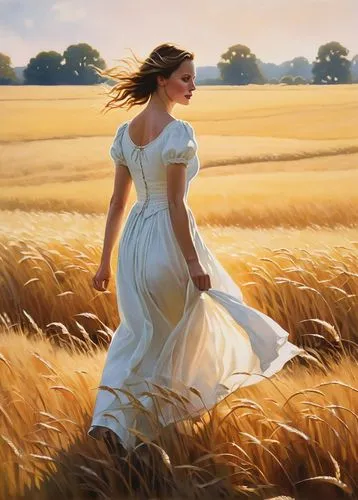 heatherley,wheat field,wheatfield,wheatfields,wheat fields,girl in a long dress,Illustration,Realistic Fantasy,Realistic Fantasy 09