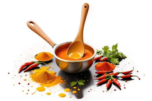 Indian Masala, spices scattered, colorful, aromatic, steam rising, copper utensils, wooden spoon, clay pot, vibrant orange turmeric, green cilantro, red chili peppers, golden brown curry powder, delic