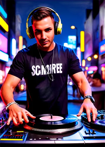 DJ, headphones, fast-paced, dynamic hands, scratching vinyl records, flashy clothing, neon lights, city nightlife, dark background, 3/4 composition, low-angle shot, dramatic shadows, high-contrast lig