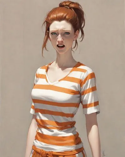 clementine,girl in t-shirt,lilian gish - female,girl portrait,retro girl,portrait of a girl,orange,redhead doll,murcott orange,cinnamon girl,horizontal stripes,vanessa (butterfly),nora,bright orange,redheads,librarian,virginia sweetspire,orange color,young woman,cotton top,Digital Art,Comic