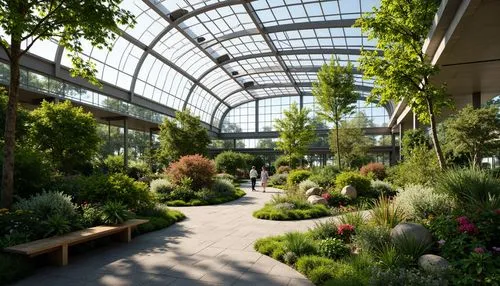 Vibrant botanical gardens, lush greenery, tropical plants, natural stone pathways, wooden benches, glass roofs, modern greenhouse architecture, curved lines, minimalist design, sustainable energy solu