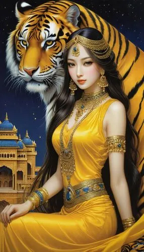 night, beautiful long hair, with jewelry, yellow dress of an Arabian princess, a huge tiger nearby, an Arabian palace,a woman in an indian dress and a tiger,sundari,arundhati,tigress,radha,tigar,kshet