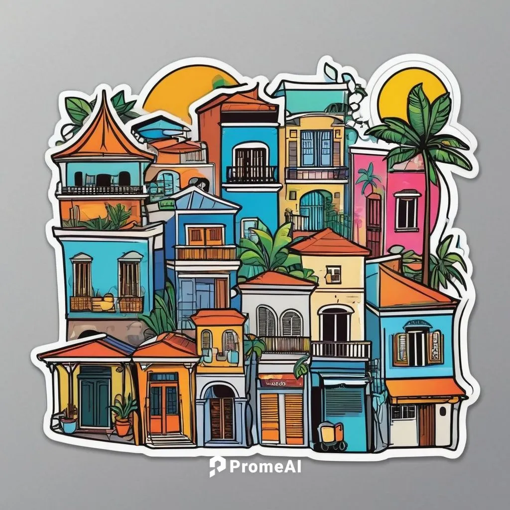 illustration of the Lapa neighborhood in Rio de Janeiro, Vibrant and colorful sticker, with black outline, clear and pure background, exclusive sticker,houses clipart,havana,paris clip art,hanging hou