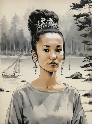 khokhloma painting,vietnamese woman,asian woman,oil on canvas,oil painting on canvas,japanese woman,frida,girl in a historic way,bjork,portrait of a girl,mulan,geisha,indigenous painting,oil painting,girl on the river,audrey,motsunabe,vintage asian,girl portrait,artist portrait