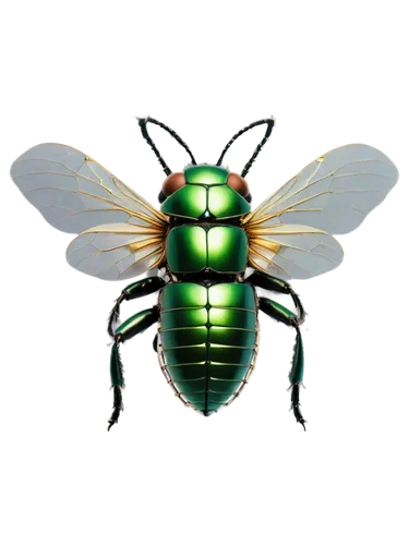 Insect, sound effect, close-up, shiny exoskeleton, detailed wings, antennae, compound eyes, tiny legs, metallic green body, glossy finish, studio lighting, shallow depth of field, macro shot, warm col