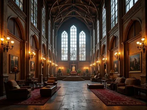 Grand Gothic cultural center, high-vaulted ceilings, stained glass windows, ornate stone carvings, intricate wooden furnishings, rich velvet drapes, warm golden lighting, mystical ambiance, mysterious