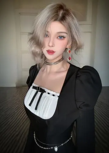 a digital model poses in her clothes,cruella,cruella de ville,bjd,domino,gothicus,poppycock