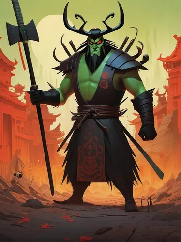 Describe a comedic scenario where Samurai Jack and Aku accidentally switch bodies and try to navigate each other's lives.,splitting maul,patrol,orc,samurai,maul,warlord,aaa,cleanup,ork,death god,half 