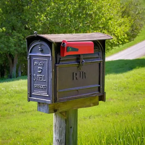 Rustic wooden mailbox, old-fashioned metal mail slot, vintage postbox, standalone, street-side, rural area, rolling hills, green grass, sunny day, clear blue sky, few white clouds, detailed wood grain