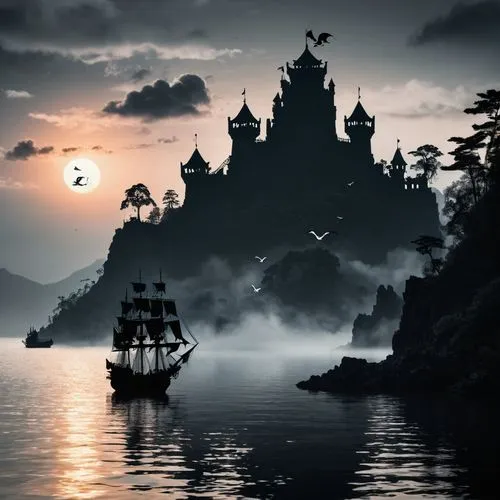 fantasy picture,fantasy landscape,ghost ship,pirate ship,fantasy art,sea fantasy,sailing ships,3d fantasy,sea sailing ship,sailing ship,viking ship,fantasy world,sail ship,boat landscape,world digital painting,ghost castle,novigrad,neverland,voyages,dreamscapes,Illustration,Black and White,Black and White 33