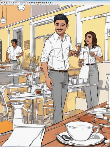 Comedy ensues when a clumsy waiter spills an entire tray of drinks at Chola Cafe.,school administration software,coffee background,animated cartoon,office line art,the coffee shop,in a working environ