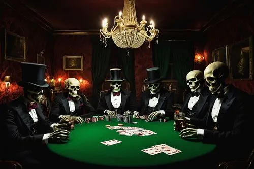 Skeletons, poker game, spooky atmosphere, dimly lit, smoke-filled room, velvet curtains, wooden table, green felt, cards, chips, whiskey glasses, cigar smoke, eerie laughter, bony fingers, hollow eyes