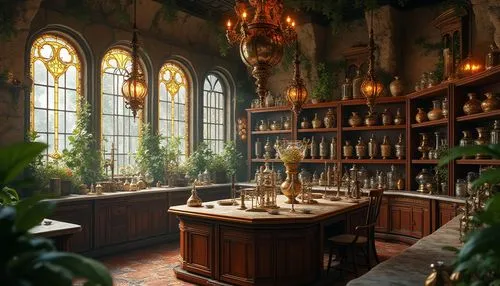 Intricate laboratory equipment, ornate metalwork, curved lines, botanical motifs, stained glass windows, warm golden lighting, rich wooden accents, elegant marble countertops, antique-inspired fixture