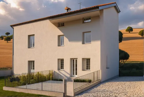 architettura rurale veneta inizio novecento, pareti intonacate bianco avorio, recinzione in ferro scuro, collina sullo sfondo e cielo estivo con poche nuvole, stradina laterale in sassi con marciapied