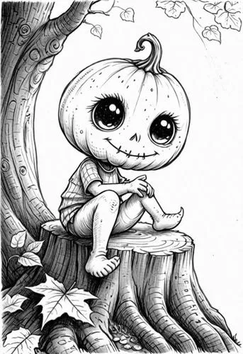 : Design Sketch-Rough Outline ,the pumpkin sitting on top of a tree stump with a creepy face,kodama,halloween line art,pumbedita,lenore,kirdyapkin,pumpkinhead,Design Sketch,Design Sketch,Detailed Outl