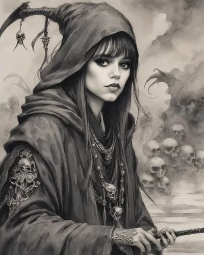 the cover art for an upcoming album of death by evan campbell,strix,seregil,asatru,raistlin,moonsorrow,swordswoman,Digital Art,Ink Drawing