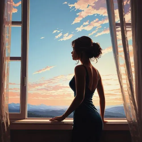 woman silhouette,girl in a long dress,bedroom window,silhouette art,window to the world,window view,digital painting,world digital painting,romantic portrait,silhouette,art silhouette,summer evening,open window,window,evening atmosphere,woman thinking,overlook,girl in a long,the window,in the evening,Conceptual Art,Fantasy,Fantasy 32