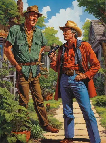 Create a humorous dialogue between Lee Hodges and his eccentric neighbor.,forest workers,farmers,american frontier,boy scouts of america,boy scouts,cowboys,vintage illustration,country cable,country-w